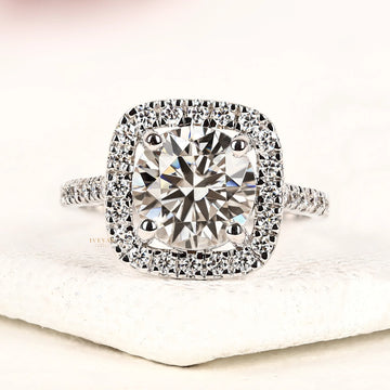 Round Cut Lab Diamond Cushion Halo Engagement Ring