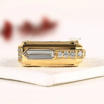 East-West Baguette Cut Lab Diamond Gold Signet Ring