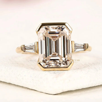 Emerald Cut Lab Half Bezel Set Three Stone Engagement Ring