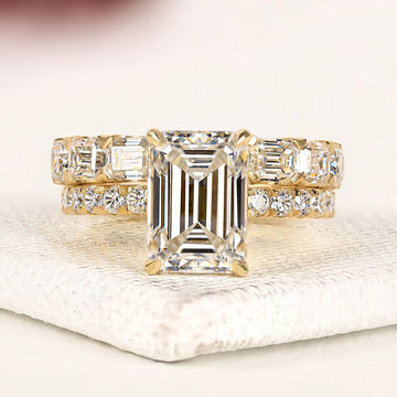 Emerald Cut Lab Diamond Bridal Ring Set with Pave Wedding Band