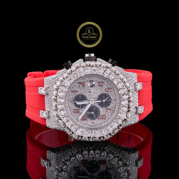 Custom Fully Iced-Out Diamond Chronograph with Luxury Red Strap