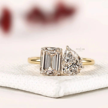 Emerald Cut and Pear Cut Lab Diamond Toi et Moi Ring