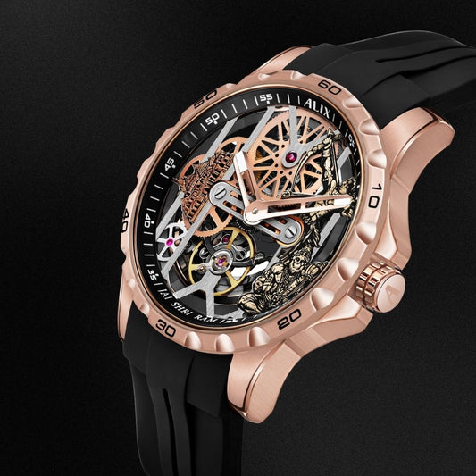 Luxury Rose Gold Skeleton Mechanical Watch with Black Rubber Strap