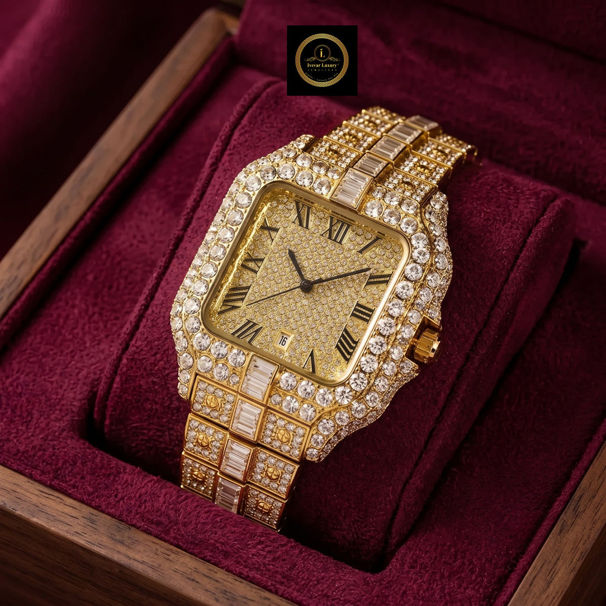 Round Diamond Paved Roman Dial Watch For Men - View 2