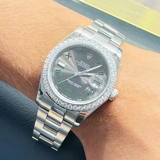 Diamond Bezel Grey Dial Roman Numeral Watch with Tennis Bracelet