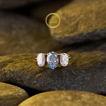 Oval Three Stone Blue And White Lab Diamond Ring
