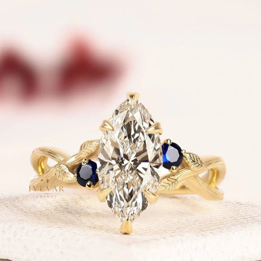 Marquise Cut Lab Diamond And Blue Sapphire Engagement Ring