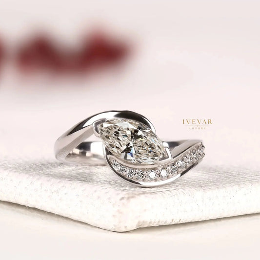 Marquise Cut Lab Diamond Pave Bypass Band Engagement Ring