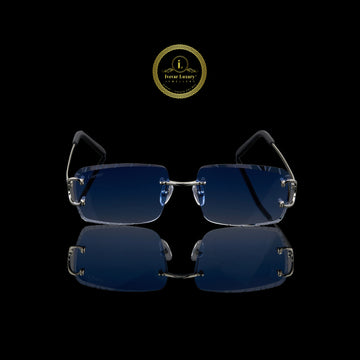 Silver Rimless Rectangular Sunglasses with Deep Blue Gradient Crystal-Cut Lenses