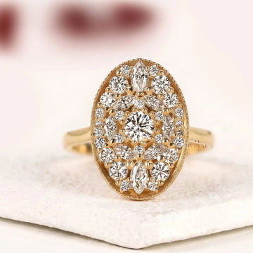 Vintage Oval Lab Diamond Floral Cluster Engagement Ring