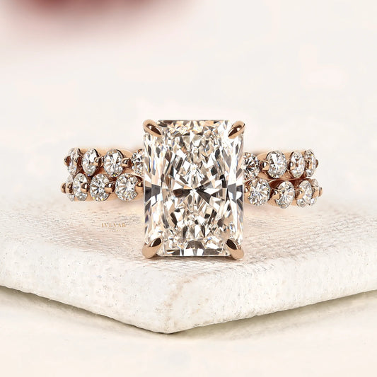 Radiant Cut Hidden Halo Moissanite Diamond Ring with Twisted Band