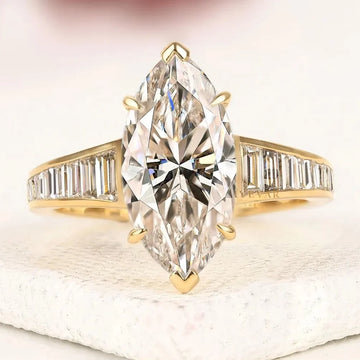 Marquise Cut Moissanite Diamond Ring with Baguette Side Stones