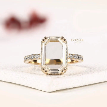 Emerald Portrait Cut Hidden Halo Lab Diamond Pave Ring