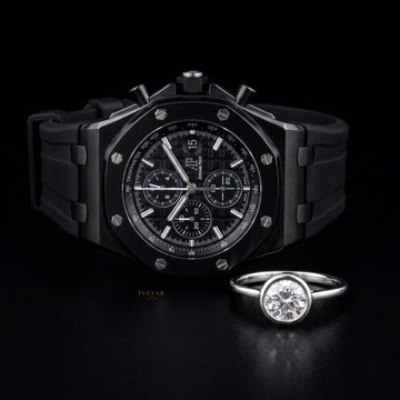Ivevar Timeless Elegance Duo Black Luxury Watch And Round Cut Moissanite Diamond Solitaire Ring