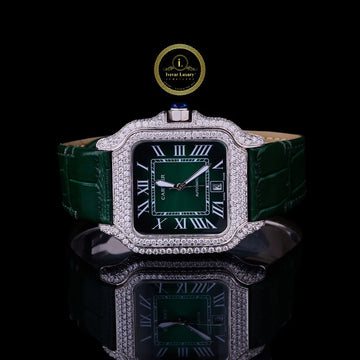 Round Cut Diamond Square Automatic Watch with Green Roman Numeral Dial and Leather Strap
