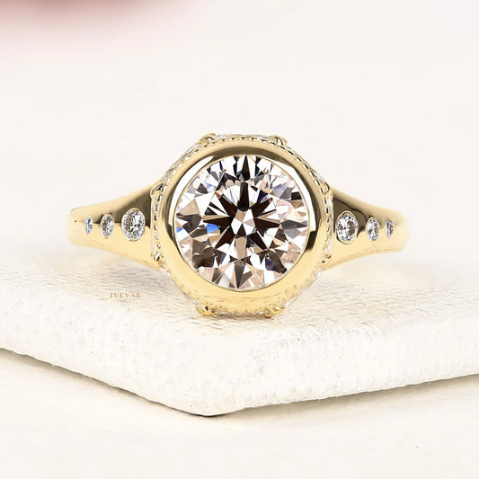 Round Brilliant Moissanite Diamond Halo Ring with Side Stones