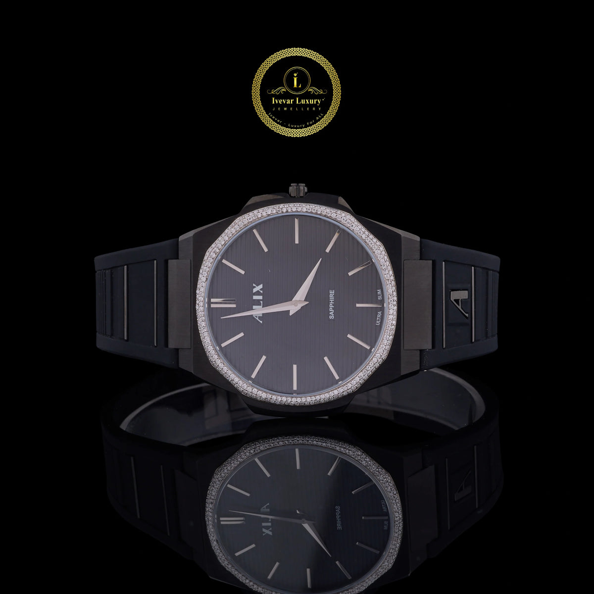 Black Diamond Bezel Minimalist Rubber Strap Men's Watch
