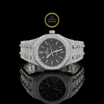 Custom Diamond-Encrusted Luxury Watch with Textured Dark Black Dial