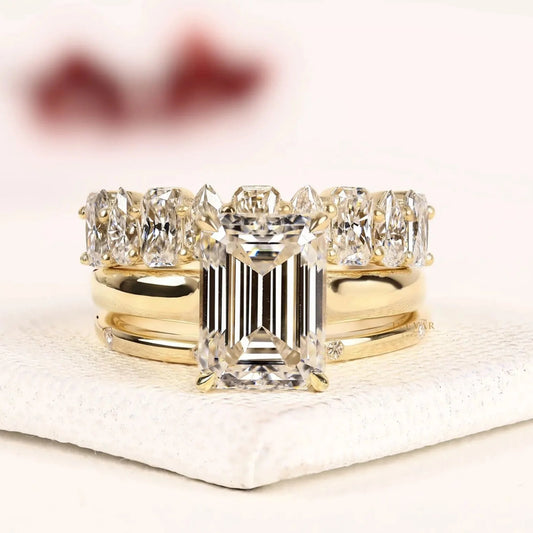 Emerald Cut Lab Diamond Alternating Marquise & Cushion Bridal Ring Set