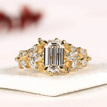 Emerald Cut Nature Inspired Moissanite Diamond Engagement Ring
