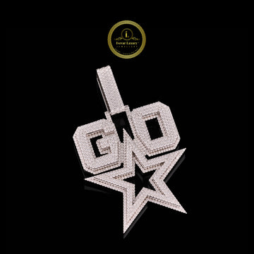 Custom Iced-Out White Gold Finish "GO" Star Pendant Featuring Shimmering Round Cut Lab Diamonds By Ivevar
