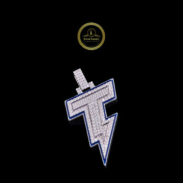 Custom Iced Out Lightning Bolt Pendant With Blue Enamel Border and Diamond By Ivevar