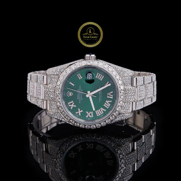 Full Iced Out Diamond Day-Date Watch with Emerald Green Roman Dial