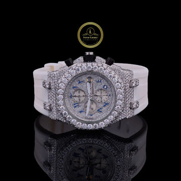 Fully Iced-Out Chronograph Watch with an Octagonal Bezel and White Rubber Strap