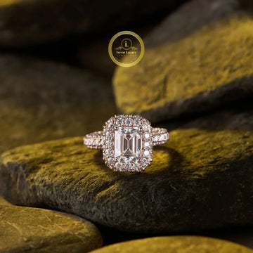 Emerald Moissanite Diamond Art Deco Halo Bridal Ring