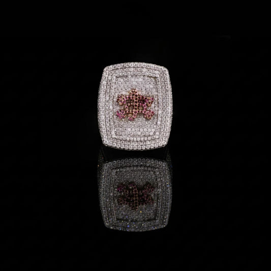 2.70 TCW Exquisite Round Moissanite Diamond Statement Ring Featuring Pave Diamonds & Vibrant Pink Floral as a