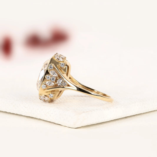 Cushion Cut Moissanite Diamond Bezel Halo Ring with Marquise Side Stones - View 2
