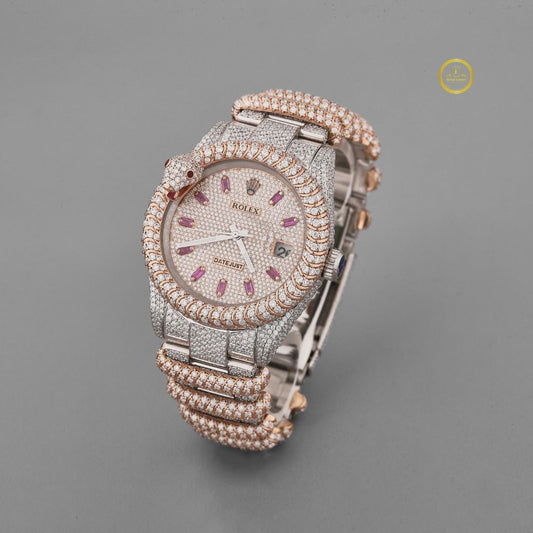 Exquisite Two-Tone Iced-Out Luxury Moissanite Watch with Ruby Accents and Snake-Inspired Design