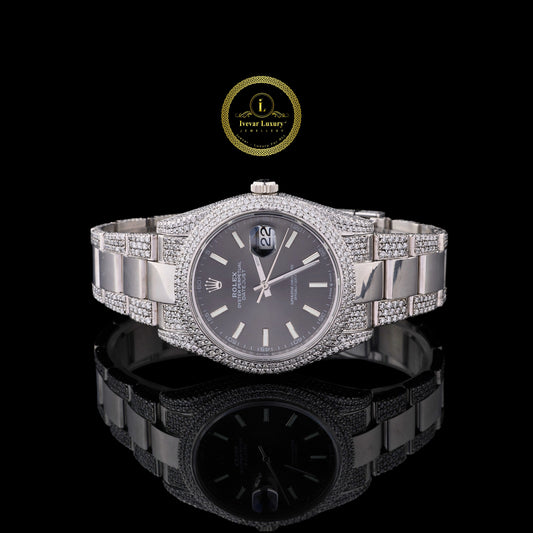 Silver Iced Out Diamond Watch with Grey Dial – Luxury Men’s Custom Timepiece