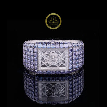 Full Iced Ascher and Baguette Cut Blue Diamond Watch in White Gold – Where Innovation Meets Luxury