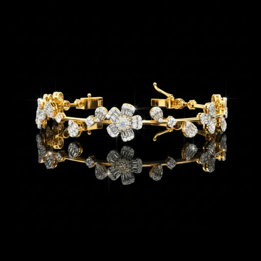 Baguette & Round Cut Lab Diamond Floral Clustered Petal Bracelet