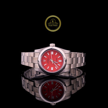 Red Dial Stainless Steel Watch – Classic Men’s Timepiece