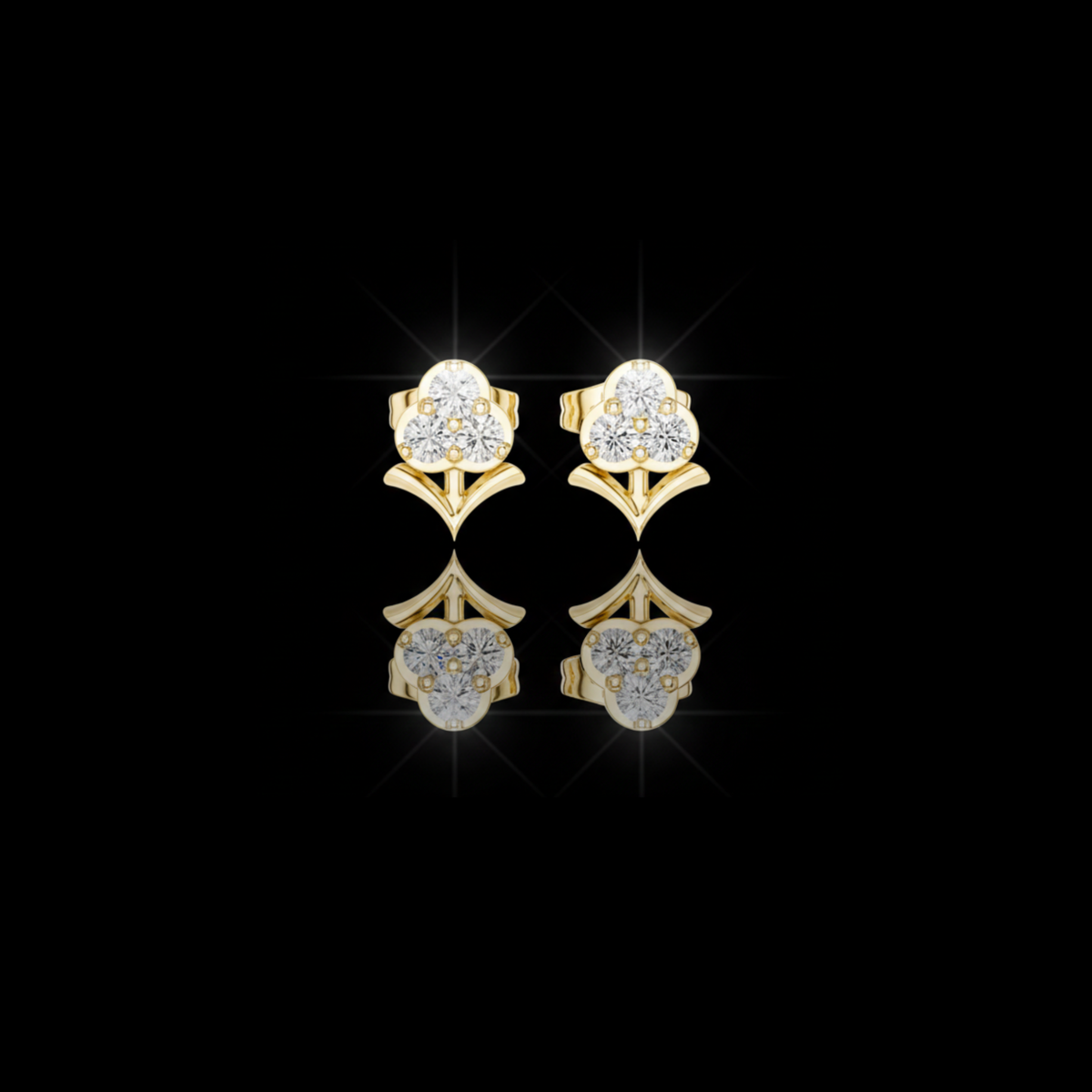 Stem Motif Floral Clover Round Triple Lab Diamond Cluster Earring
