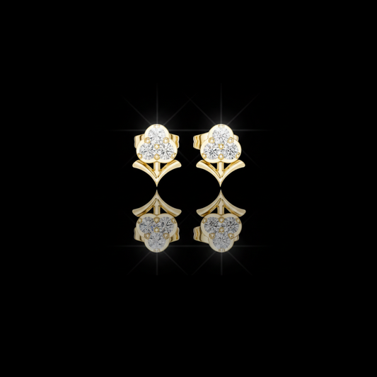 Stem Motif Floral Clover Round Triple Lab Diamond Cluster Earring