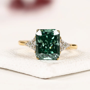 Radiant Green Cut Lab Diamond Three Stone Engagement Ring