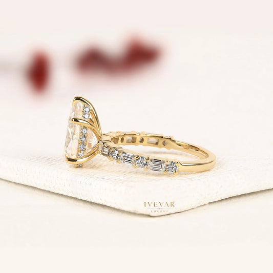 Pear Cut Lab Diamond Engagement Ring with Baguette Accent Band - View 2