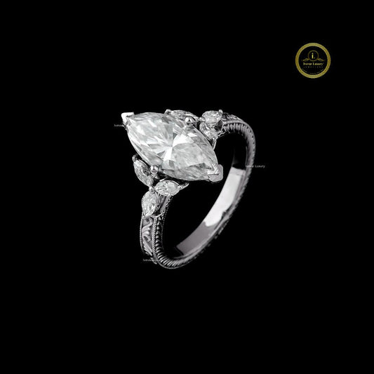 Vintage Marquise Moissanite Diamond Solitaire Ring With Sidestone - View 2