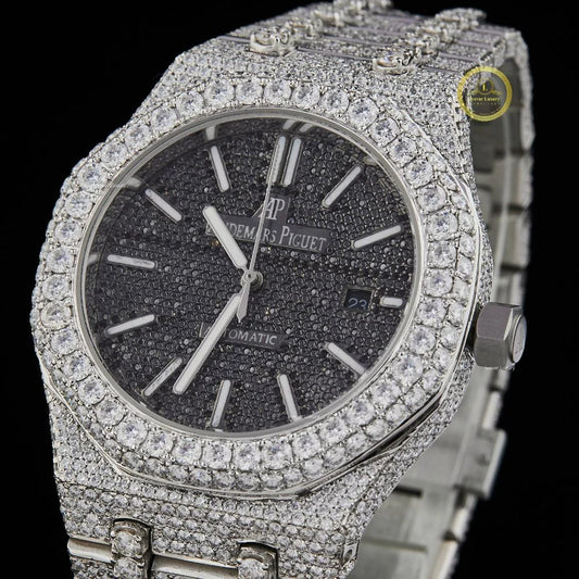 Custom Diamond-Encrusted Luxury Watch with Textured Dark Black Dial