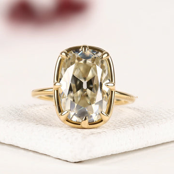 Cushion Cut Solitaire Moissanite Diamond Engagement Ring in Yellow Gold with Classic Seven Prong Setting