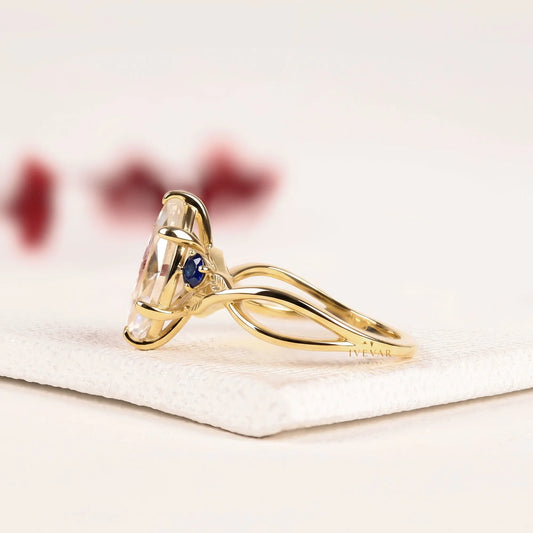 Marquise Cut Moissanite Diamond And Blue Sapphire Engagement Ring - View 2