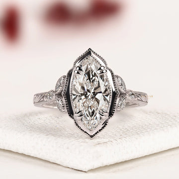 Filigree Inspire Marquise Cut Moissanite Diamond Engagement Ring