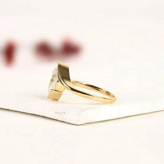 Oval Cut Moissanite Diamond Bypass Ring with Half Bezel Setting - View 2
