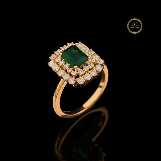 Emerald Cut Green Moissanite Diamond Double Halo Ring - View 2