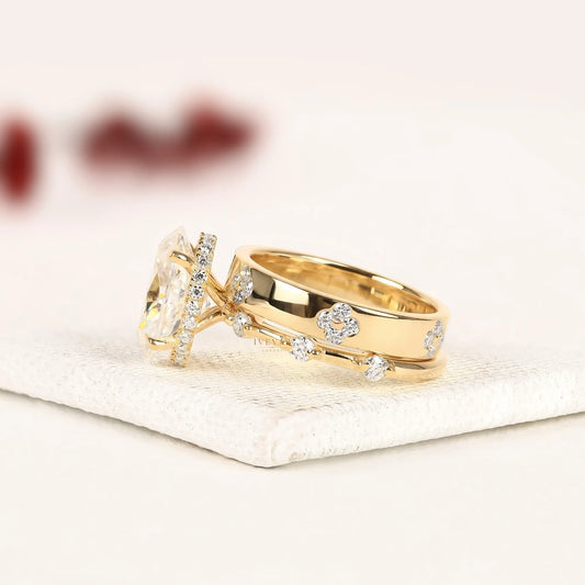 Oval Cut Moissanite Diamond Bridal Ring Set with Floral Diamond Accents - View 2