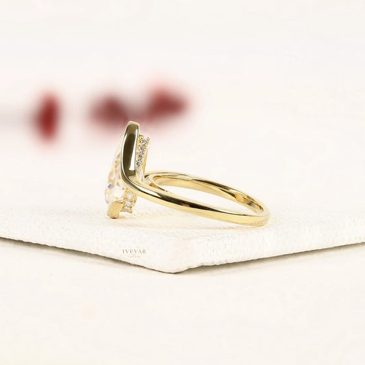 Pear Cut Moissanite Diamond Bypass Ring in Half Bezel Setting - View 2
