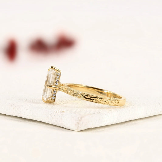 Emerald Cut Moissanite Diamond Ring with Engraved Band - View 2